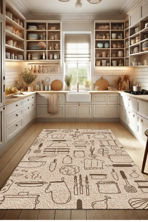 Mutfak Eşyaları Desenli Dijital Baskılı Krem Yıkanabilir Dokuma Tabanlı Kaymaz Mutfak Halısı