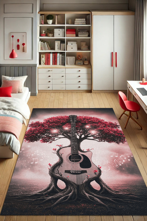 Kırmızı Gitar Figürlü Halı Ağaç Desenli Halı Müzik Temalı Halı Dokuma Tabanlı Halı Genç Odası Halısı