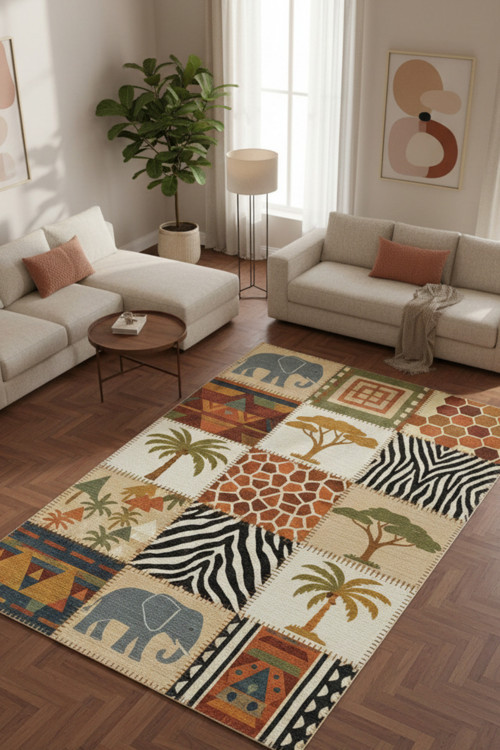 Safari Desenli Halı Etnik Patchwork Dijital Baskılı Kaymaz Yıkanabilir Bohem Salon ve Çocuk Halısı