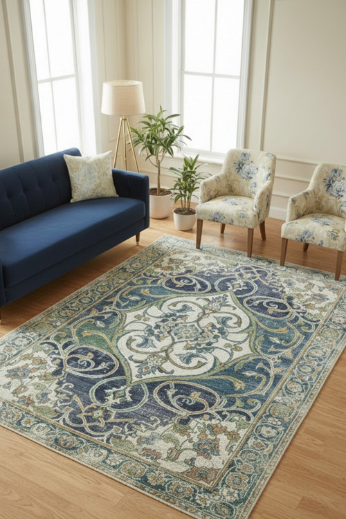 Yeşil Bej Osmanlı Motifli Vintage Eskitme Halı Dijital Baskılı Kaymaz Dekoratif Dijital Salon Halısı