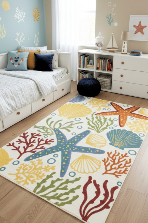 Renkli Deniz Yıldızı Desenli Halı Dijital Baskı Kaymaz Tabanlı Yıkanabilir Deniz Temalı Çocuk Halısı