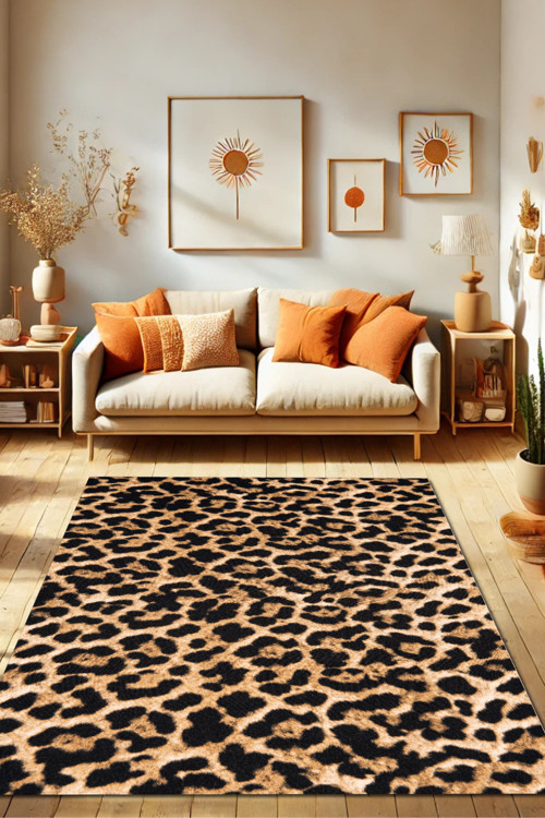 Leopar Desenli Halı Otantik Halı Dokuma Kaymaz Tabanlı Banyo Halısı