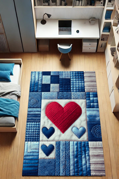 Patchwork Jean Görünümlü Kalpli Kaymaz Tabanlı Halı
