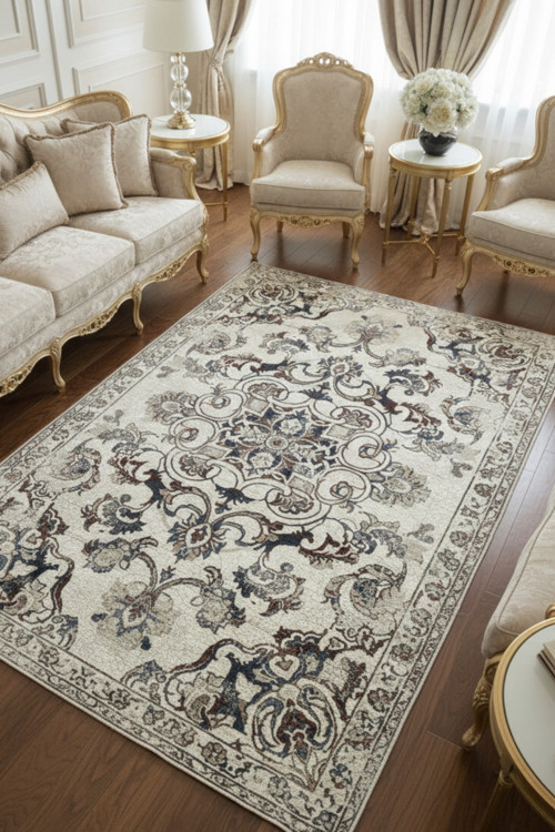 Bej Zeminli Bordürlü Vintage Saray Desenli Halı Dijital Baskılı Kaymaz Yıkanabilir Salon Halısı