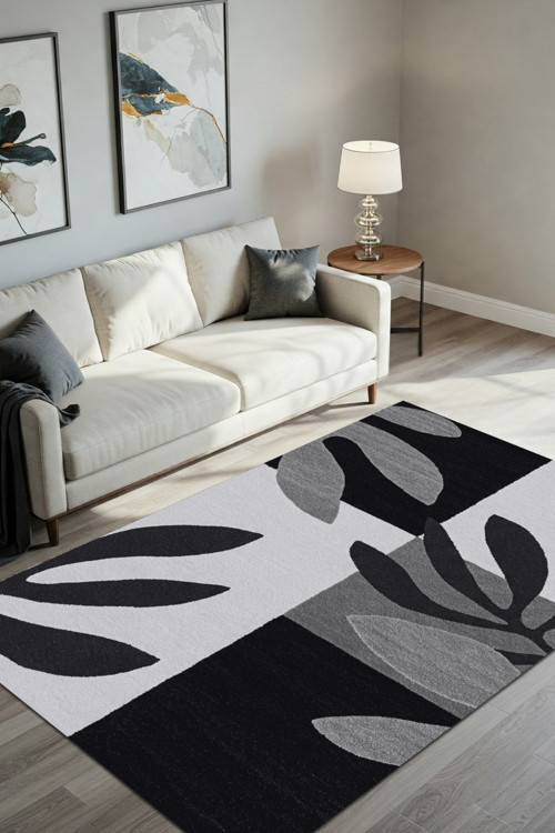 Siyah Beyaz Yaprak Desenli Halı Dekoratif Geometrik Desenli Dijital Baskılı Ince Oturma Odası Halısı