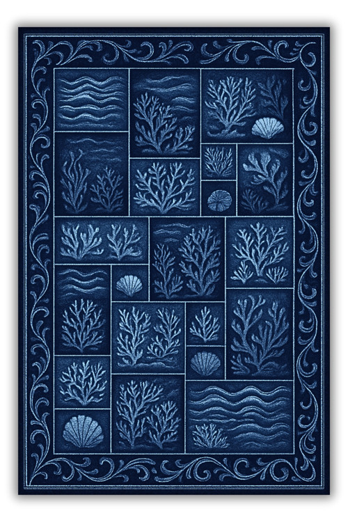 Lacivert Mercan Desenli Patchwork Eskitme Halı Dijital Baskılı Kaymaz Yıkanabilir Salon Halısı