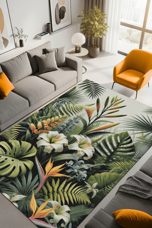 Çiçekli Halı Dekoratif Floral Halı Oturma Odası Halısı Yaprak Desenli Halı Yıkanabilir Mutfak Halısı