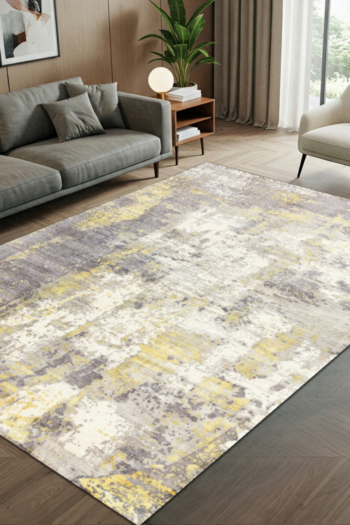 Gri Sarı Modern Soyut Desenli Halı Dijital Baskılı Dokuma Kaymaz Tabanlı Yıkanabilir Salon Halısı