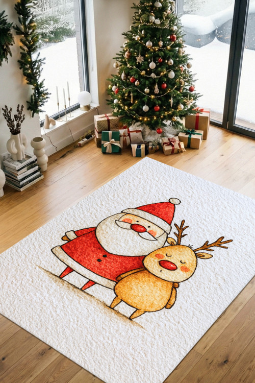 Yeniyıl Temalı Noelbaba ve Geyik Figürlü Kırmızı Dijital Baskılı Dokuma Kaymaz Tabnalı Yıkanır Halı