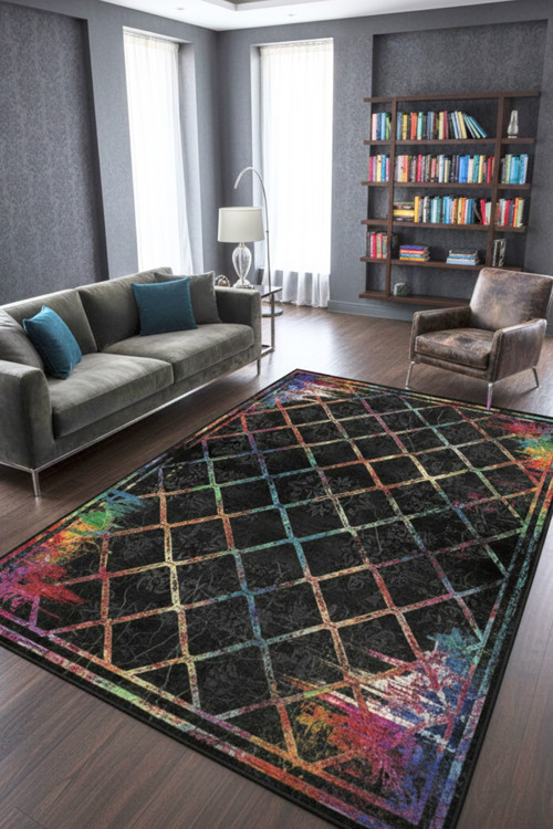 Modern Geometrik Desenli Siyah Halı Dijital Baskılı Kaymaz Dekoratif Renkli Salon Halısı