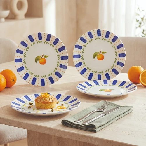 Kayısı Desenli 4lü 19 cm Porselen Pasta Tabağı Seti