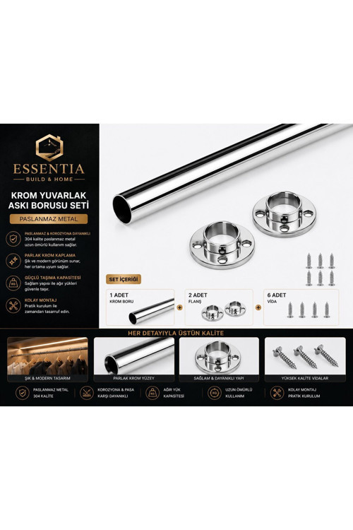Krom Yuvarlak Askı Borusu Flanşlı Set 53,5 Cm – Paslanmaz Metal Gardırop Ve Dolap İçi Askılık Sistemi