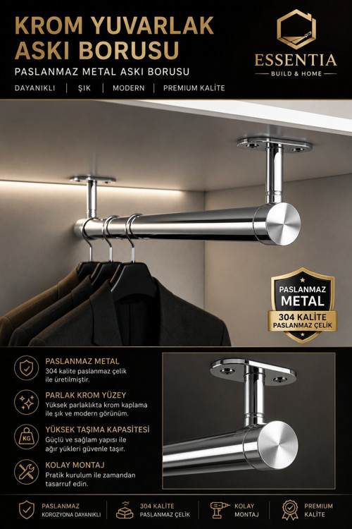 Krom Yuvarlak Askı Borusu Seti 77,5 Cm – Paslanmaz Metal Dolap İçi Elbise Askılık Sistemi