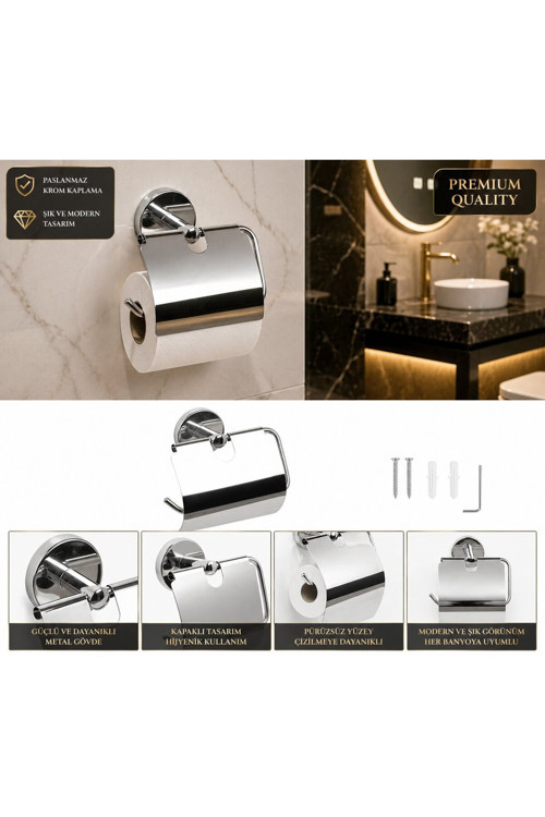 Premium Paslanmaz Krom Tuvalet Kağıtlığı – Duvar Montajlı Kapaklı Modern Wc Kağıt Tutucu
