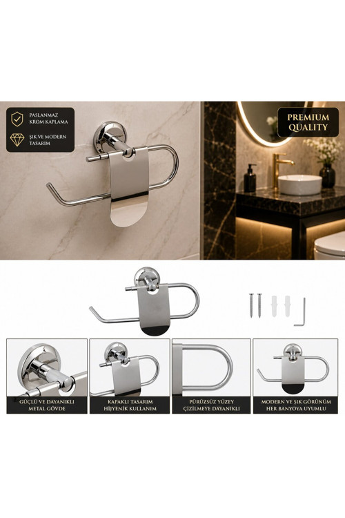 Premium Paslanmaz Krom Tuvalet Kağıtlığı – Kapaklı Duvar Tipi Modern Wc Kağıt Askısı