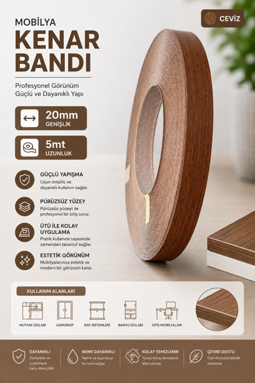 Mobilya Kenar Bandı Mat Ceviz 5Mt