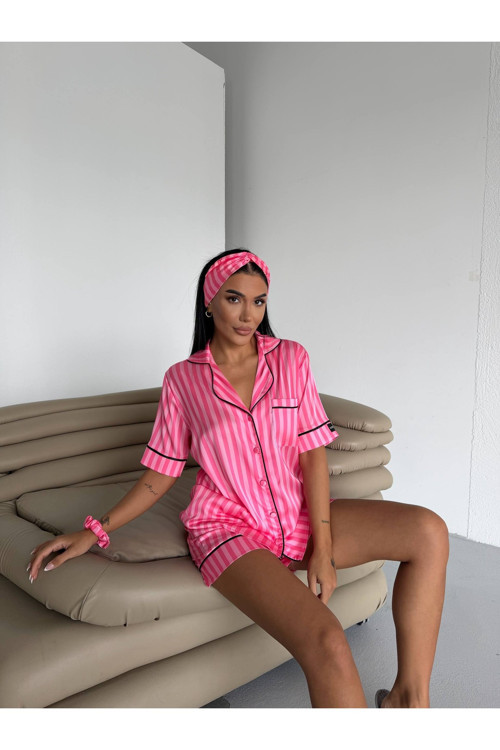 Kadın Saten Pijama Takımı (Saç Bandı+Saç Tokalı Dörtlü Takım)