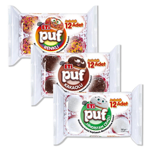 Puf 12 li Kakaolu-Karışık-Hindistan Cevizli 3 lü Karma Paket