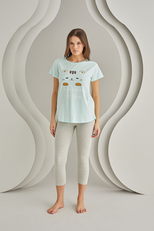 Mint Yeşil Please Smile Taytlı Pijama Takımı