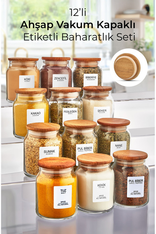 12'Li Bambu Kapaklı Etiketli Cam Baharatlık Takımı Kavanoz 290 Ml