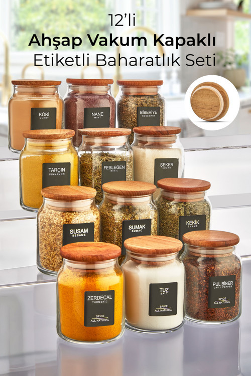12'Li Bambu Kapaklı Etiketli Cam Baharatlık Takımı Kavanoz 290 Ml