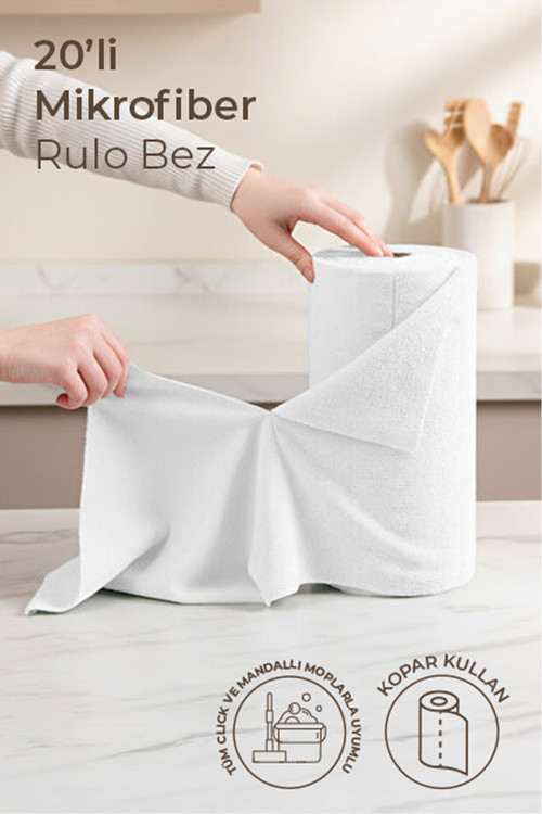 20'Li Beyaz Rulo Lavine Çok Amaçlı %100 Mikrofiber Temizlik Bezi 25X32 Büyük Ebat Kopart Kullan