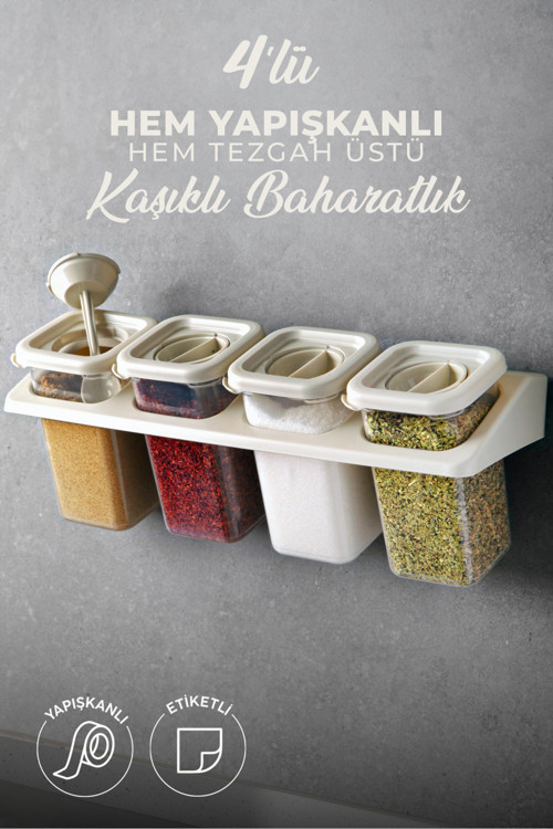 4'Lü Etiketli Standlı Kilitli Kaşıklı Kendinden Yapışkanlı Kare Baharatlık Takımı - Erzak Kabı Seti