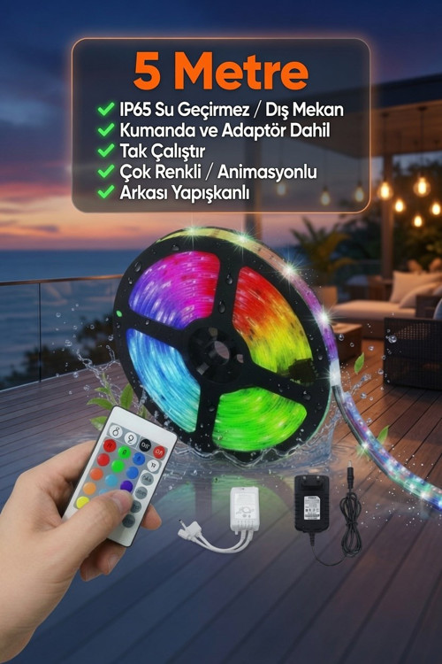 5 Metre RGB LED Şerit Işık IP65 Dış Mekan Su Geçirmez Kumandalı Adaptör Dahil Çok Renkli