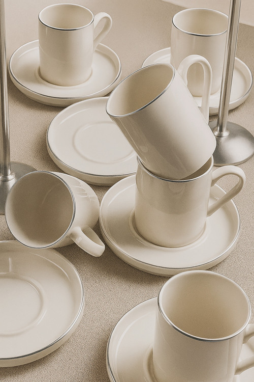 12 Parça 6 Kişilik Stackable Platin Gümüş Yaldızlı Kahve Fincan Takımı - Kahve Fincanı Seti 100Ml