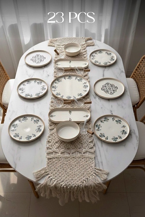 23 Parça 6 Kişilik Stackable Seramik Çiçek Desenli Sosluklu Kaşıklı Kahvaltı Takımı D-Harma