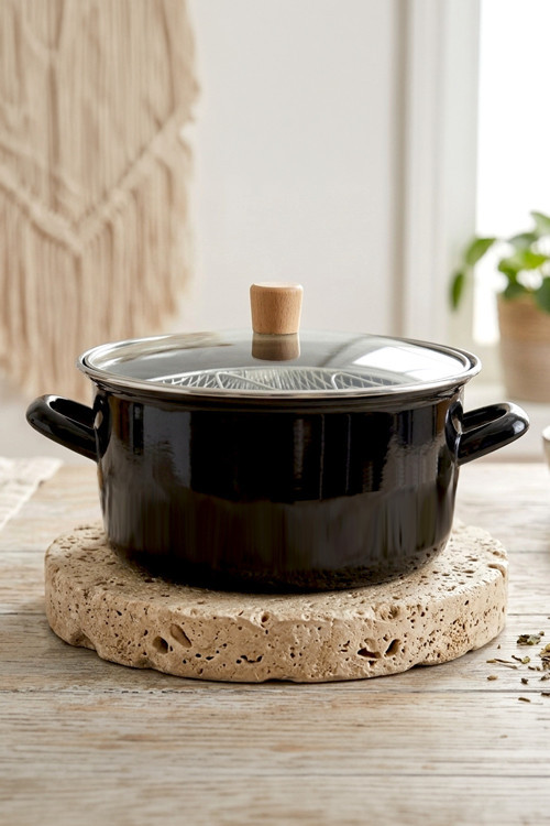 Master Pro Cook Ahşap Kulplu,Paslanmaz Saplı Siyah Süzgeçli Emaye Kızartma Tenceresi 22 Cm