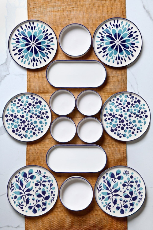 14 Parça 6 Kişilik Stackable Blue Etnik Kahvaltı Takımı - Lüx Kahvaltılık Sunum Seti Tabağı