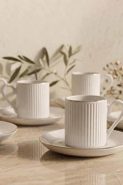 12 Parça 6 Kişilik Stackable Çizgili Altın Yaldızlı Kahve Fincan Takımı - Kahve Fincanı Seti 100Ml