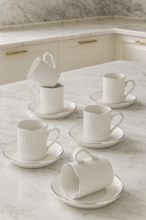 12 Parça 6 Kişilik Stackable Çizgili Gümüş Yaldızlı Kahve Fincan Takımı - Kahve Fincanı Seti 100Ml