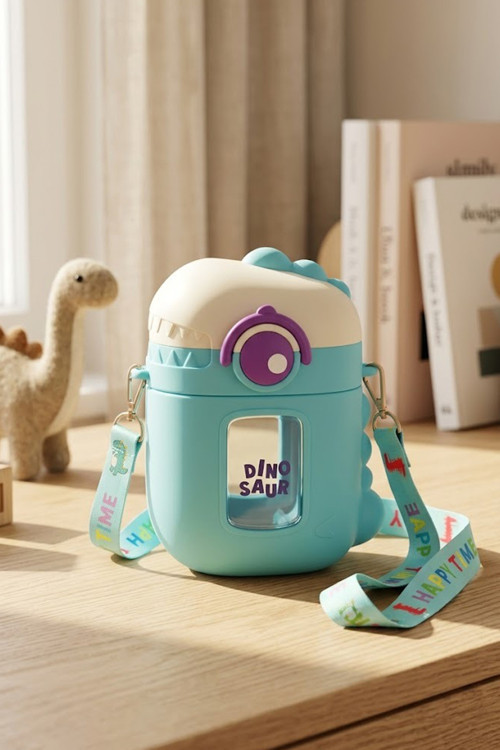 Dinazor Şekilli Silikon Kılıflı Askılı Pipetli Sızdırmaz Suluk 500 Ml