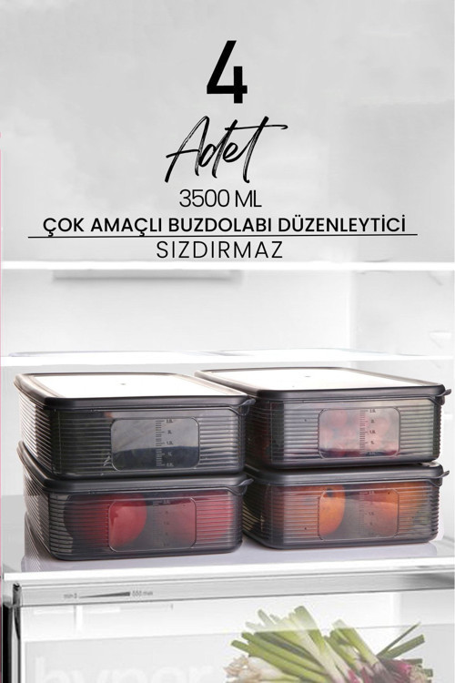 4 Adet 3,5 Litre Buzdolabı İçi Düzenleyici Dikdörtgen Erzak Saklama Kabı Seti - Organizeri 3500Ml