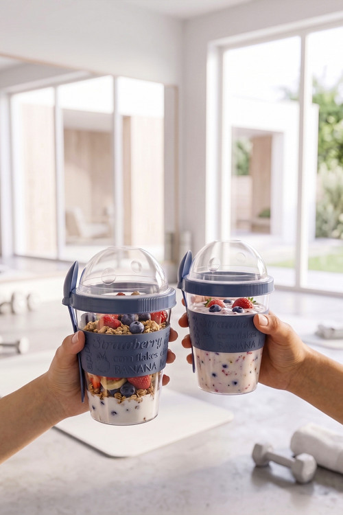 2'Li Take'N Go Hazır Kapaklı Kaşıklı Yoğurt Yulaf Müsli Saklama Kabı Taşınabilir Yemek Kabı 600 Ml