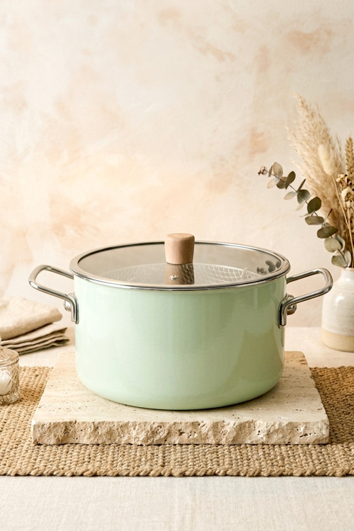 Titan Cook Ahşap Kulplu,Paslanmaz Saplı Su Yeşili Süzgeçli Emaye Kızartma Tenceresi 22 Cm