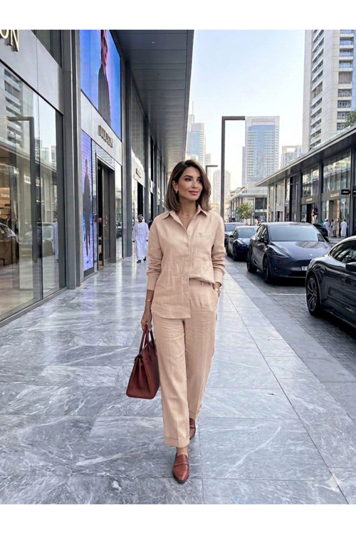 Somon Keten Görünümlü Gömlek Pantolon Takım