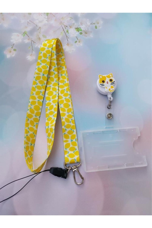 Limon Kart Askısı Ve Sarı Kedi Silikon Yoyo Yaka Kartlığı Yatay Dikey Kart Koruyucu