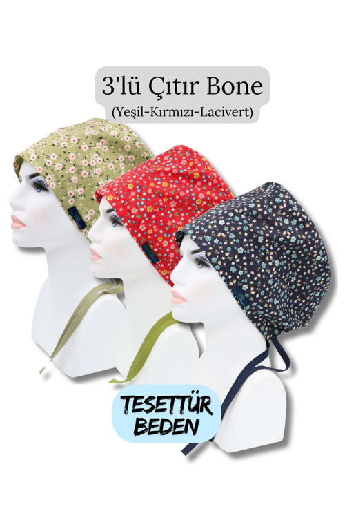 Tesettür Beden 3Lü Çıtır Bone Yeşil Çiçek Bahçesi Kırmızı Çıtır Lacivert Çıtır Çiçekler Cerrahi Bone