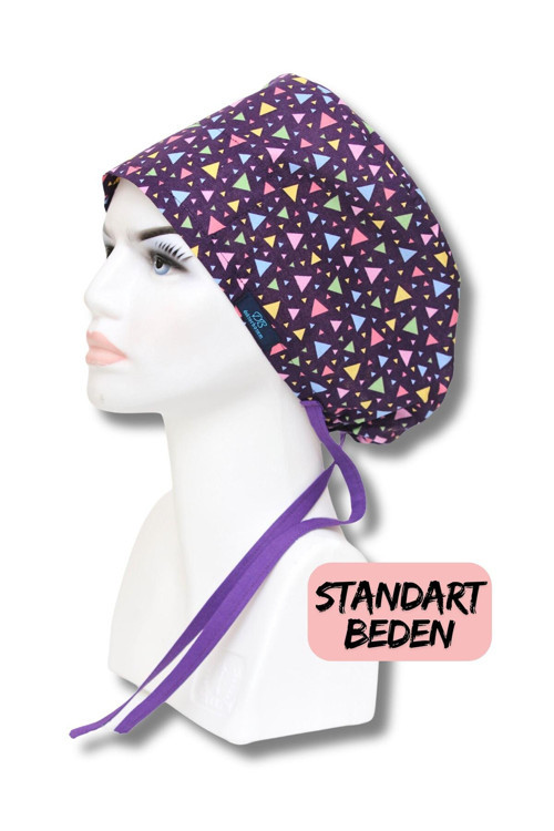 Standart Beden Mor Üçgen Desenli Cerrahi Bone Doktor Hemşire Sağlıkçı Bonesi