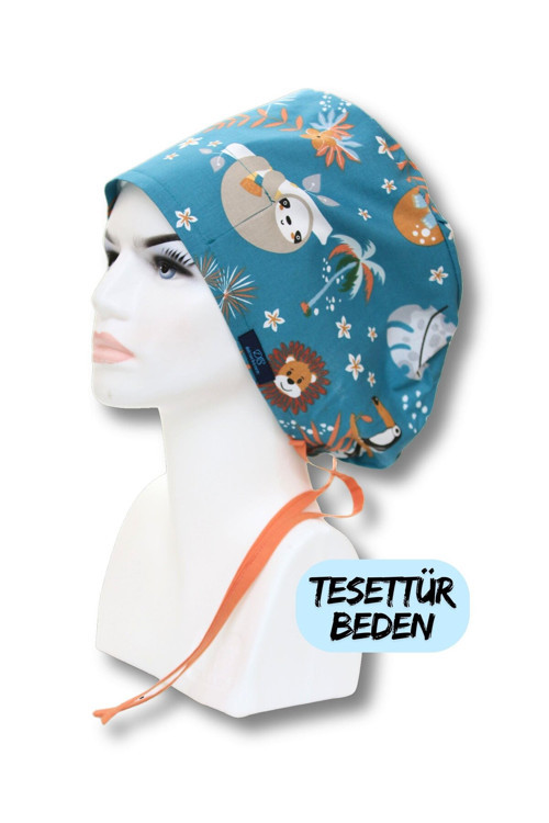 Tesettür Maymunlu Orman Desenli Cerrahi Bone Doktor Hemşire Sağlıkçı Bonesi Geniş Kesim