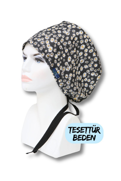 Tesettür Siyah Papatyalar Desenli Cerrahi Bone Doktor Hemşire Sağlıkçı Bonesi Geniş Kesim