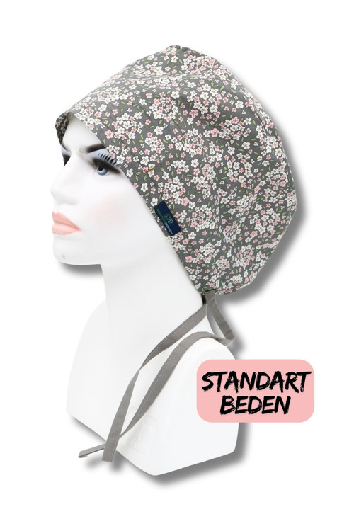 Standart Beden Gri Çıtı Pıtı Çiçekler Cerrahi Bone Doktor Hemşire Sağlıkçı Hastane Bonesi