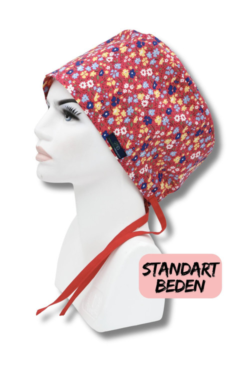Standart Beden Fuşya Minik Çiçekler Cerrahi Bone Doktor Hemşire Sağlıkçı Hastane Bonesi