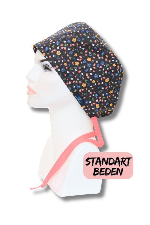 Standart Siyah Çıtır Çiçek Desenli Cerrahi Bone Doktor Hemşire Sağlıkçı Bonesi