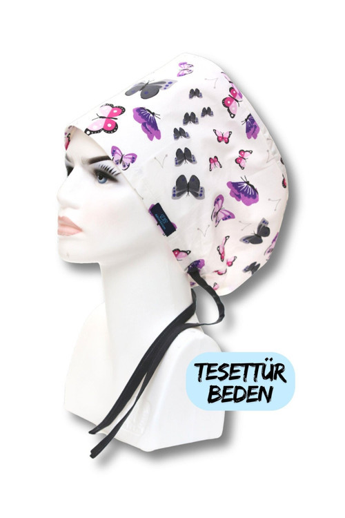 Tesettür Mor Kelebekler Desenli Cerrahi Bone Doktor Hemşire Sağlıkçı Hastane Aşçı Bonesi Geniş