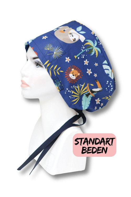 Standart Lacivert Orman Desenli Cerrahi Bone Doktor Hemşire Sağlıkçı Bonesi