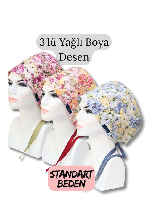 Standart Beden 3Lü Yağlı Boya Desen Fuşya Sarı Mavi Yağlı Boya Çiçekler Cerrahi Bone